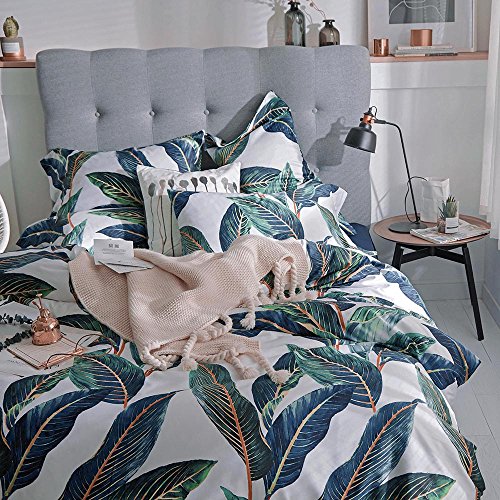 VM VOUGEMARKET Leaves Duvet Cover Set Queen,3 Piece Soft Premium Cotton Green Tropical Palm Tree Comforter Cover with Zipper Closure,Botanical Bedding Set Queen