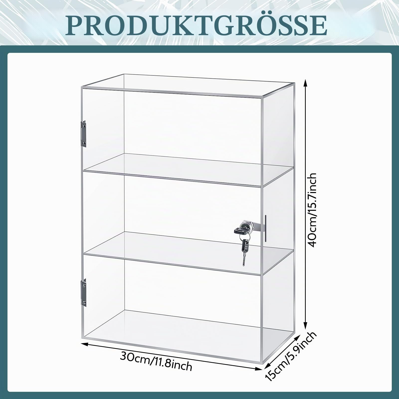 Barydat Acryl-Vitrine mit Schloss, Schlüssel, Arbeitsplatte, Vitrine, Vitrine, multifunktional, sichere Aufbewahrungsbox für Einzelhandel (Feste 3 Etagen, 30 x 15 x 39 cm)