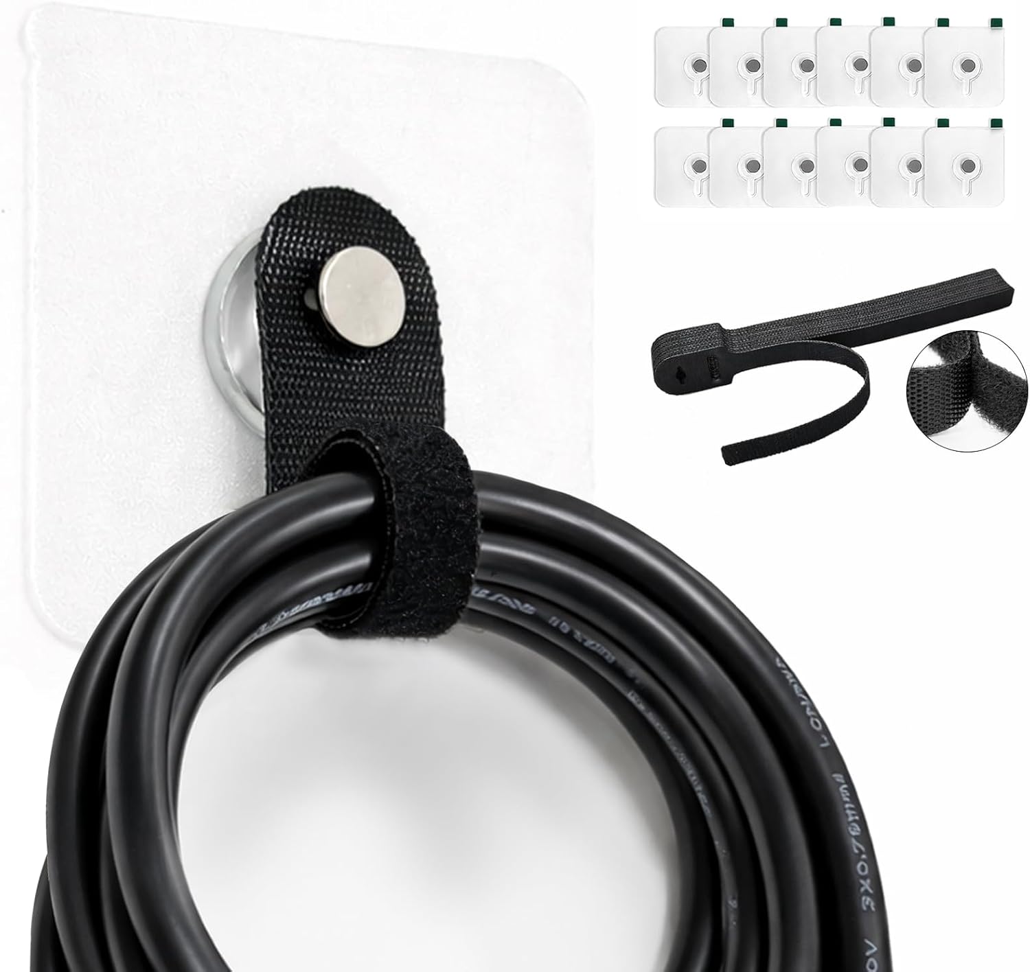 Hanging Cable Organizer System with Self Adhesive Hooks – Silicone Cord Ties for Kitchen Appliances, Power Tools, Computer Cords & Phone Chargers, Desk Cable Management (12 Pack, 3 Colors)