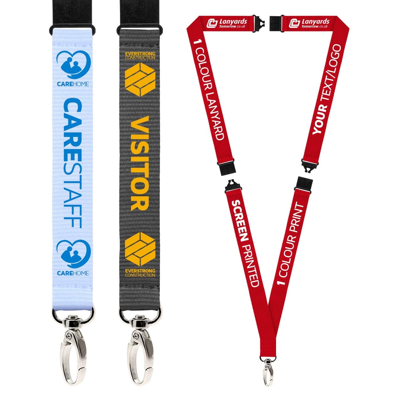 100x Personalised Lanyard by Lanyards Tomorrow Flat Polyester with 3 Point Break Triple Breakaway Safety and Metal Clip 1 Colour Screen Print Design Custom Neck Straps Add Logo Text 20mm 2cm