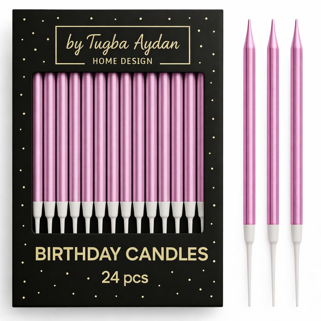 by Tugba Aydan - Pink Birthday Candles - 24 Count Long Thin Pink Birthday Candles for Cake, Metallic Cake Candle for Birthday, Party Candles