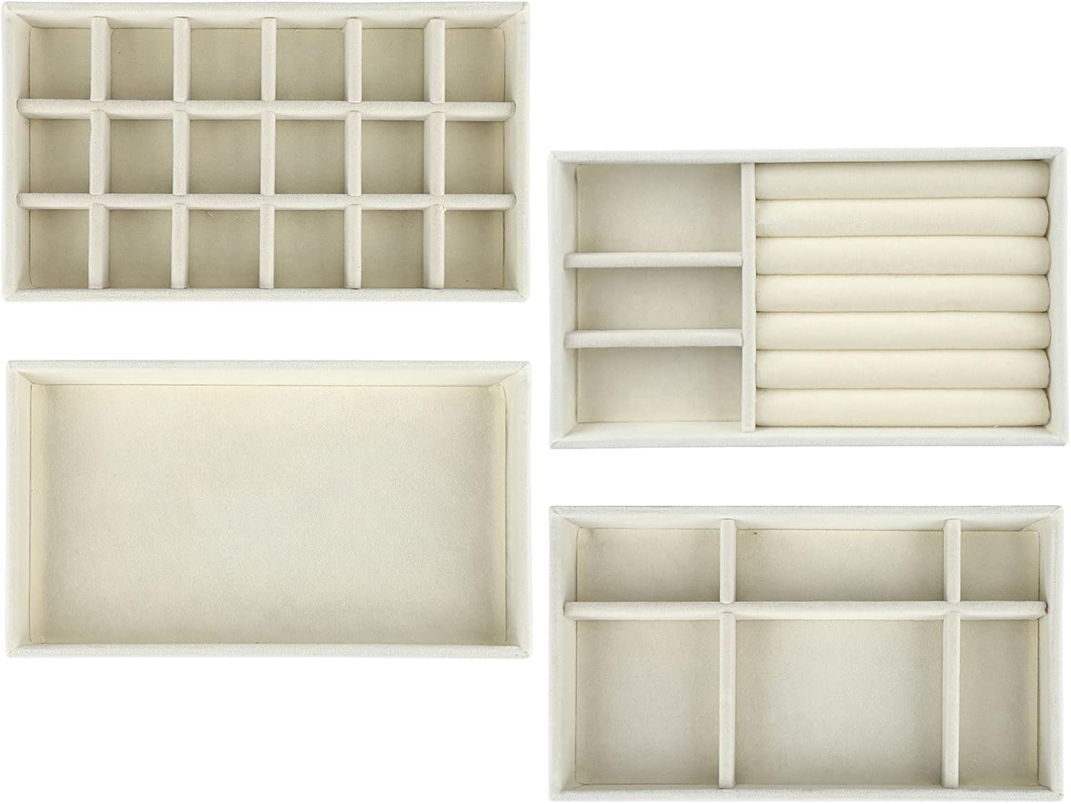 TSLBW Jewellery Trays Organizer Set of 4 Velvet Stackable Jewellery Drawer Organizer Tray Earring Ring Necklace Bracelet Display Case Jewellery Storage Trays 4 Styles (Beige)