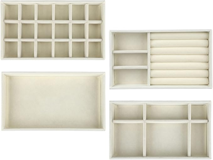 TSLBW Jewellery Trays Organizer Set of 4 Velvet Stackable Jewellery Drawer Organizer Tray Earring Ring Necklace Bracelet Display Case Jewellery Storage Trays 4 Styles (Beige)