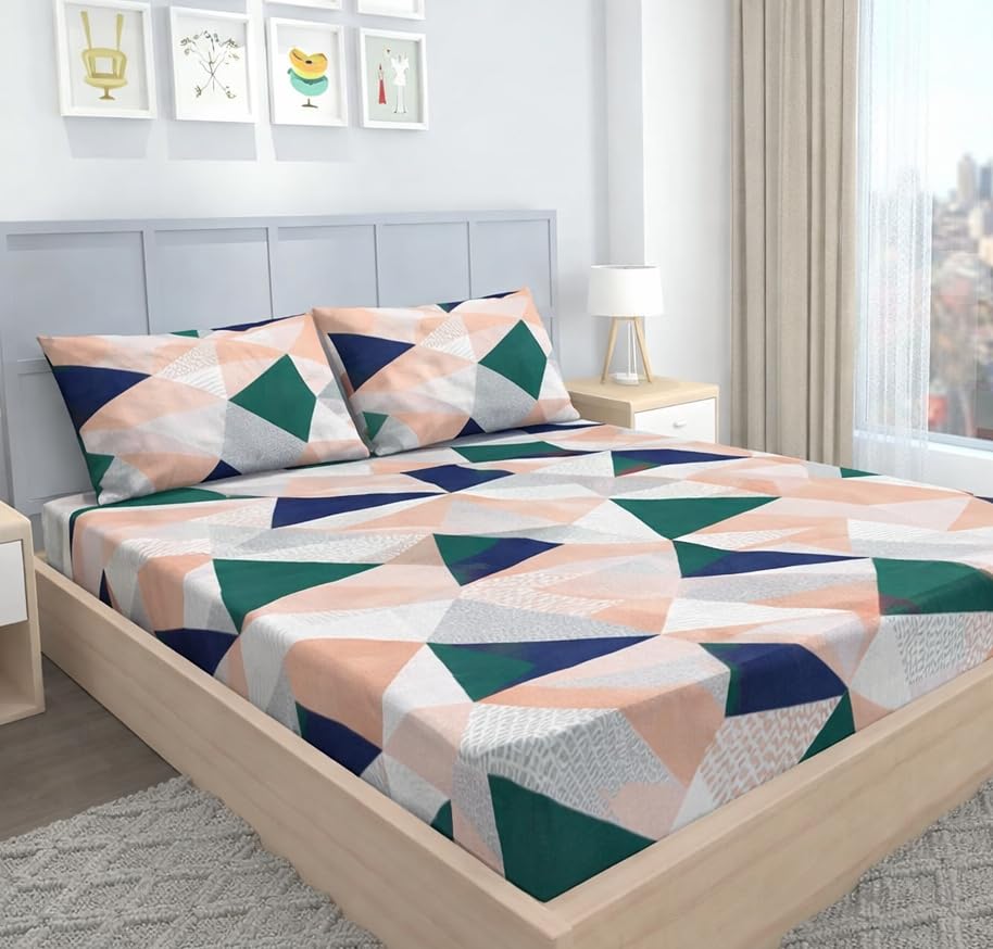Image of BEVI Home Super Fabric 300 TC Microfiber Double King Size Bedsheet Without Pillow Cover - Printed Green Triangle - Size 90x95 Inches