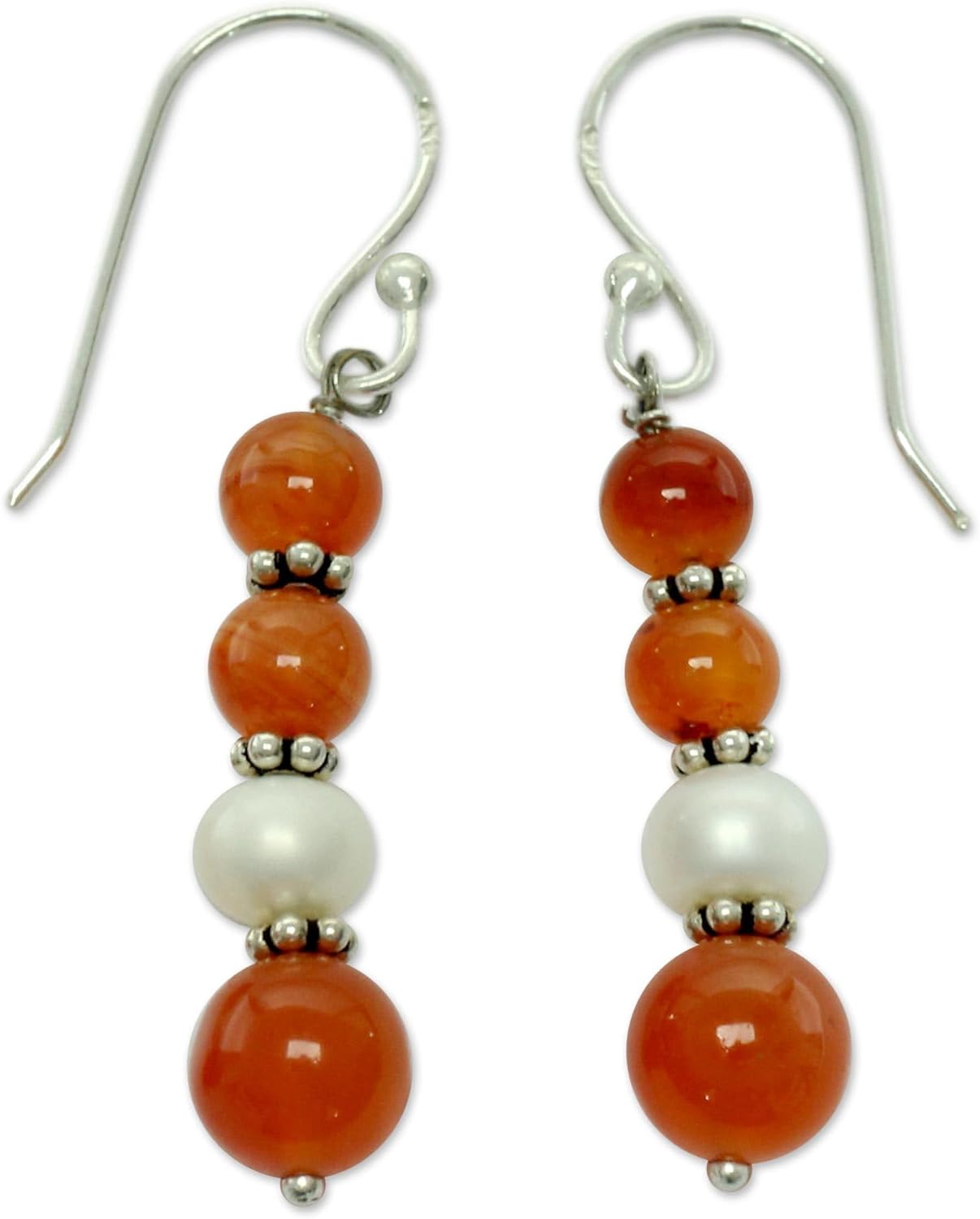 NOVICA Artisan Handmade Carnelian Pearl Dangle Earrings Sterling Silver Cultured White Orange Beaded India Birthstone [1.5 in L x 0.3 in W x 0.3 in D] ' Radiance'