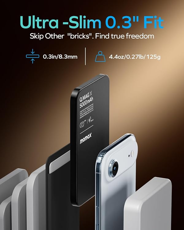 MOMAX Magnetic Wireless Power Bank 5000mAh, Ultra-Slim 0.3" MagSafe-Compatible Portable Charger, 20W USB-C PD Fast Charging, for iPhone 17/16/15/14/13/12 Series, Samsung Galaxy & Google Pixel by MOMAX - Used condition - Image 2