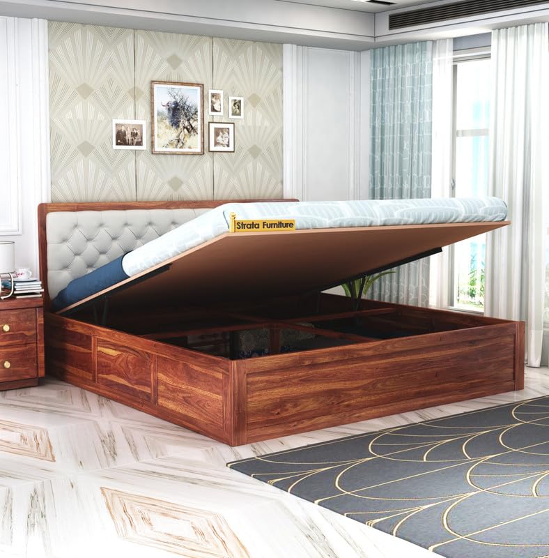 Strata Furniture Sheesham Wood King Size Bed with Hydraulic and Cushion Headboard Storage for Living Room Home Bedroom Wooden Double Bed Cot Palang Furniture (Honey Finish) (B0CWP99C8V) Amazon Price History, Amazon Price Tracker