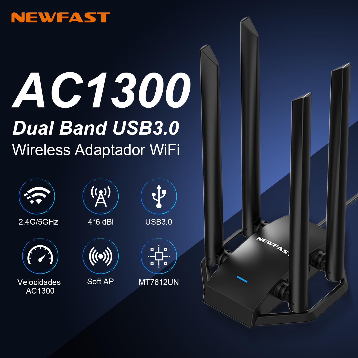 NEWFAST 1300Mbps Adaptador WiFi USB, Banda Dual AC1300 Antena Wi-Fi USB para PC USB 3.0 4x6dBi Externa Ajustable，5Ghz/2.4Ghz, MU-MIMO, Compatible con Win 11/10/8/8.1/7/XP