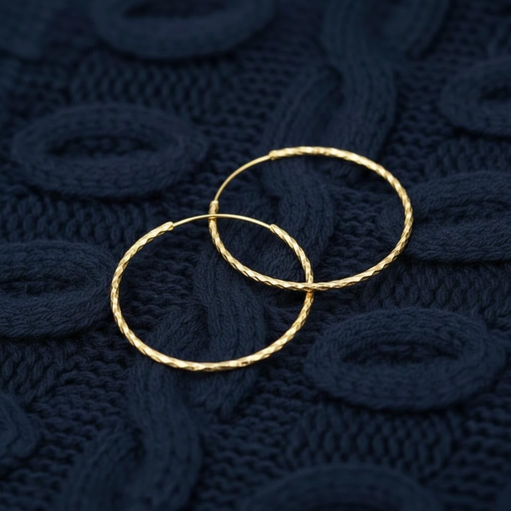 925 Sterling Silver Plated in 18K Yellow Gold Diamond-Cut Textured Gold Hoop Earrings for Women, Thin Lightweight Endless Hoops, Tarnish Resistant, 1 1/4-Inch Drop