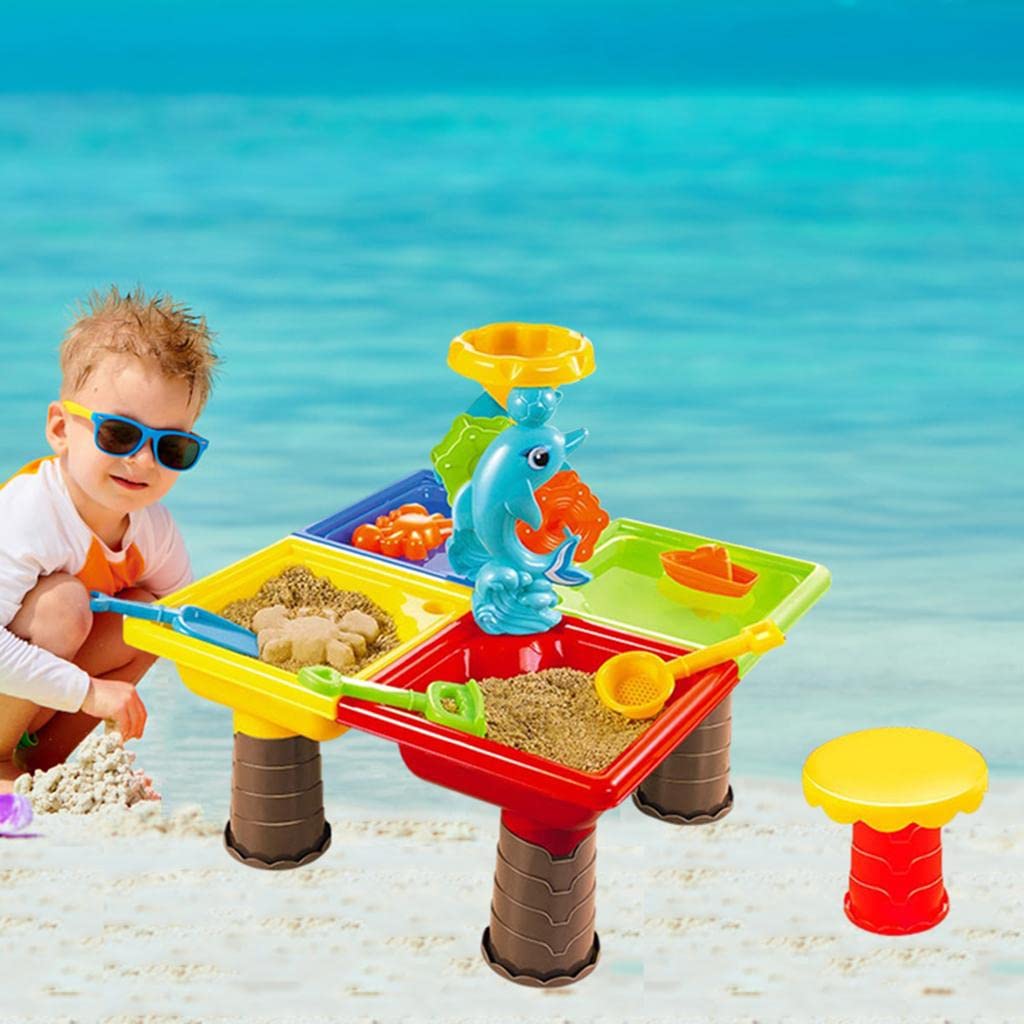 Kinderspielzeug Sand Wasser Tisch Set Lern Tisch 2 in 1 Spieltisch Sandkasten Wasserspieltisch Eimer Schaufel Fördert Fantasie Teamspiel Greifübungen, 45x45x45cm