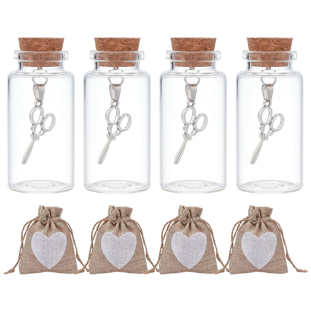 WEBEEDY 4 Pack First Haircut Keepsake Holder Set First Curl Keepsake Glass Jar Hair Memory Bottles with Cork, Scissors Charm & Drawstring Bag, Haircut Teeth Storage Memorial Sentimental Gift for a Mom
