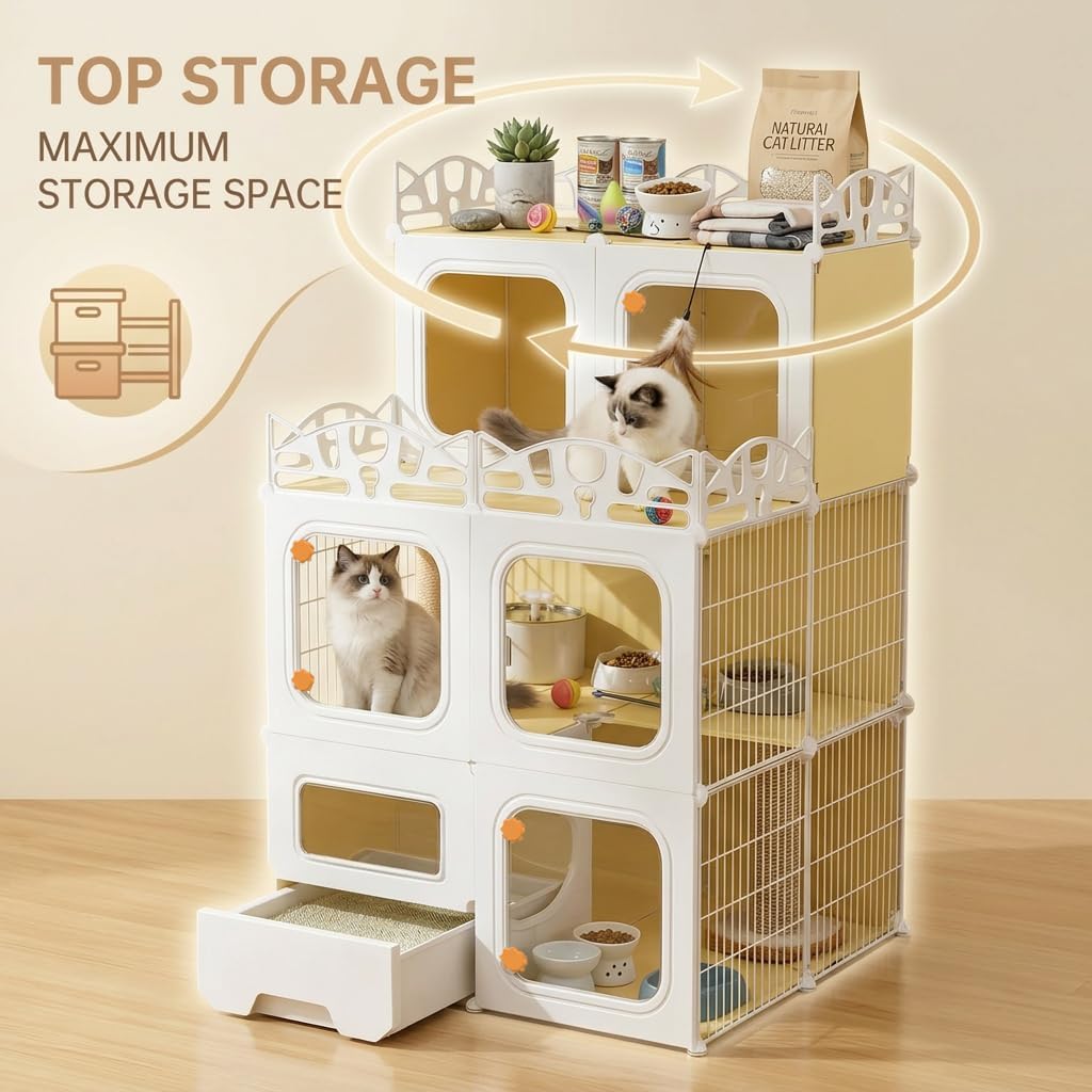 Cat Cage with Built-in Litter Box & Interactive Platform, Top Storage Shelf, Cat Cage Indoor & Outdoor Use, Expandable Cat Playpen