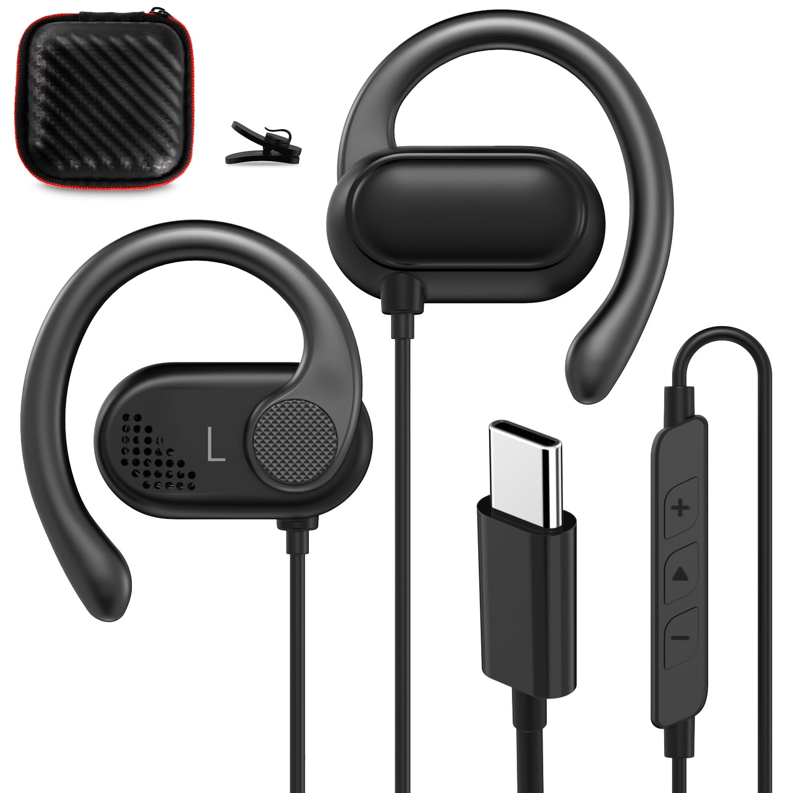 Open Ear Headphones Wired for Samsung S25 S24 Ultra S23 Fe S22+ A35, USB Type C Earphone with Mic Over Ear Wired Earbuds with Ear Hook for iPhone 17 Air 16 15 Pro Max Plus iPad Pixel 10 9 8a 7