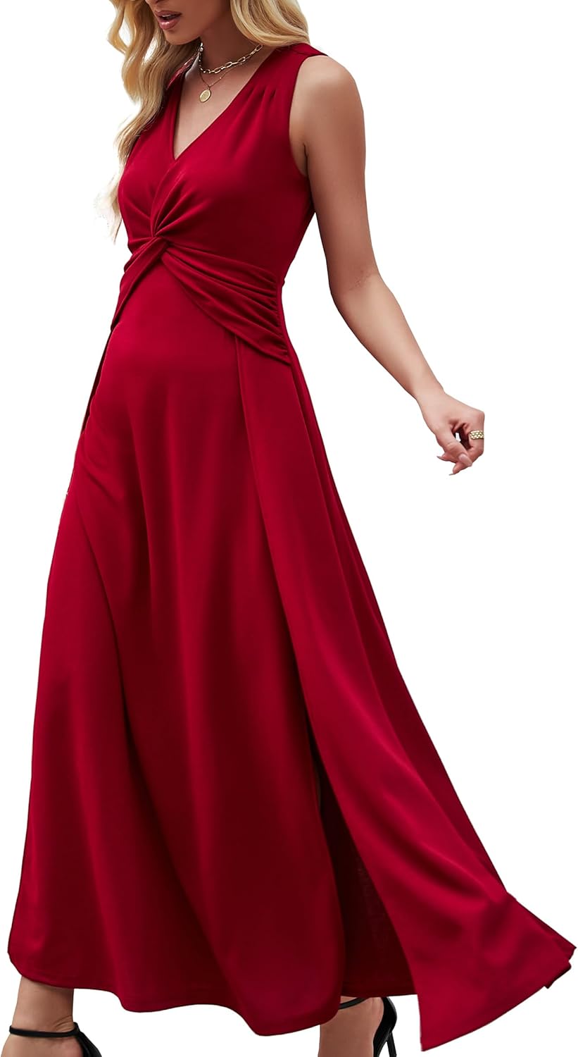 Wedding Guest Dresses for Women 2025 V Neck Formal Dresses for Women Sleeveless Evening 3X-Large Burgundy