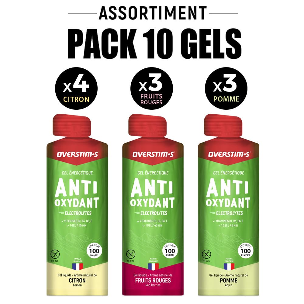 Overstim.s - Gel Antioxydant (10 sachets) - Limite les crampes - Energie durable - Electrolytes (magnésium, sodium) - Réduit la fatigue - 100 kcal/gel - Assortiment(Citron, Fruits rouges, Pomme verte)