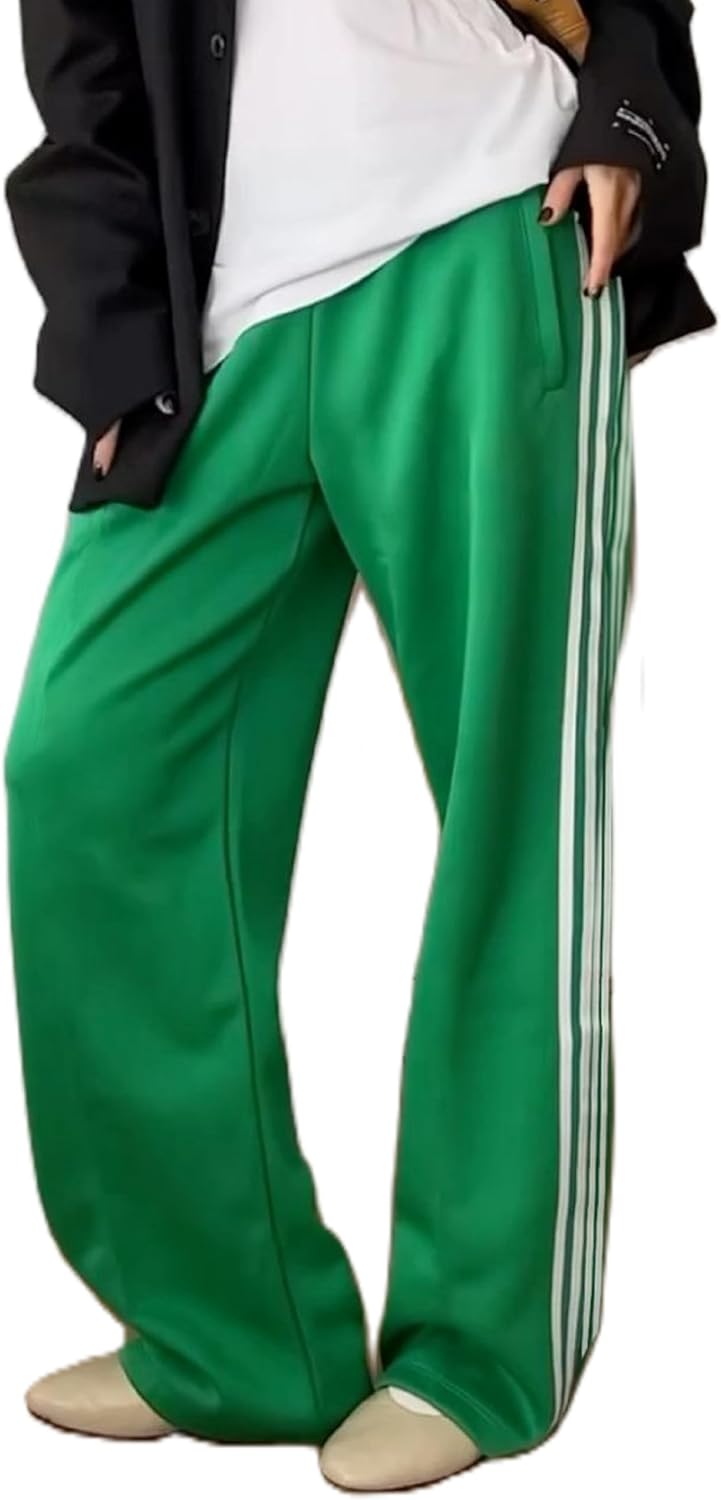 KMBANGI Women Striped Track Pants Elastic Waist Straight Leg Sweatpants Joggers Wide Leg Side Stripes Pants with Pockets