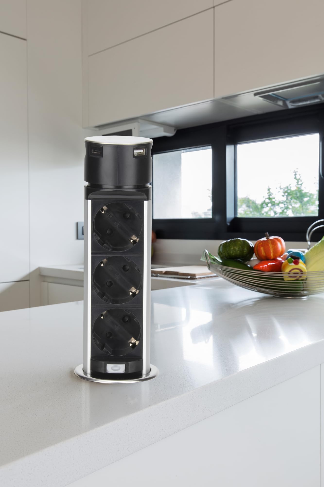 Torretta Multipresa Ø60 mm 3 x Prese Schuko e 2 x USB A e C - Cavo da 1,5m INOX Ciabatta Multipresa a Scomparsa IP20 per Cucina Ufficio Sala Conferenze