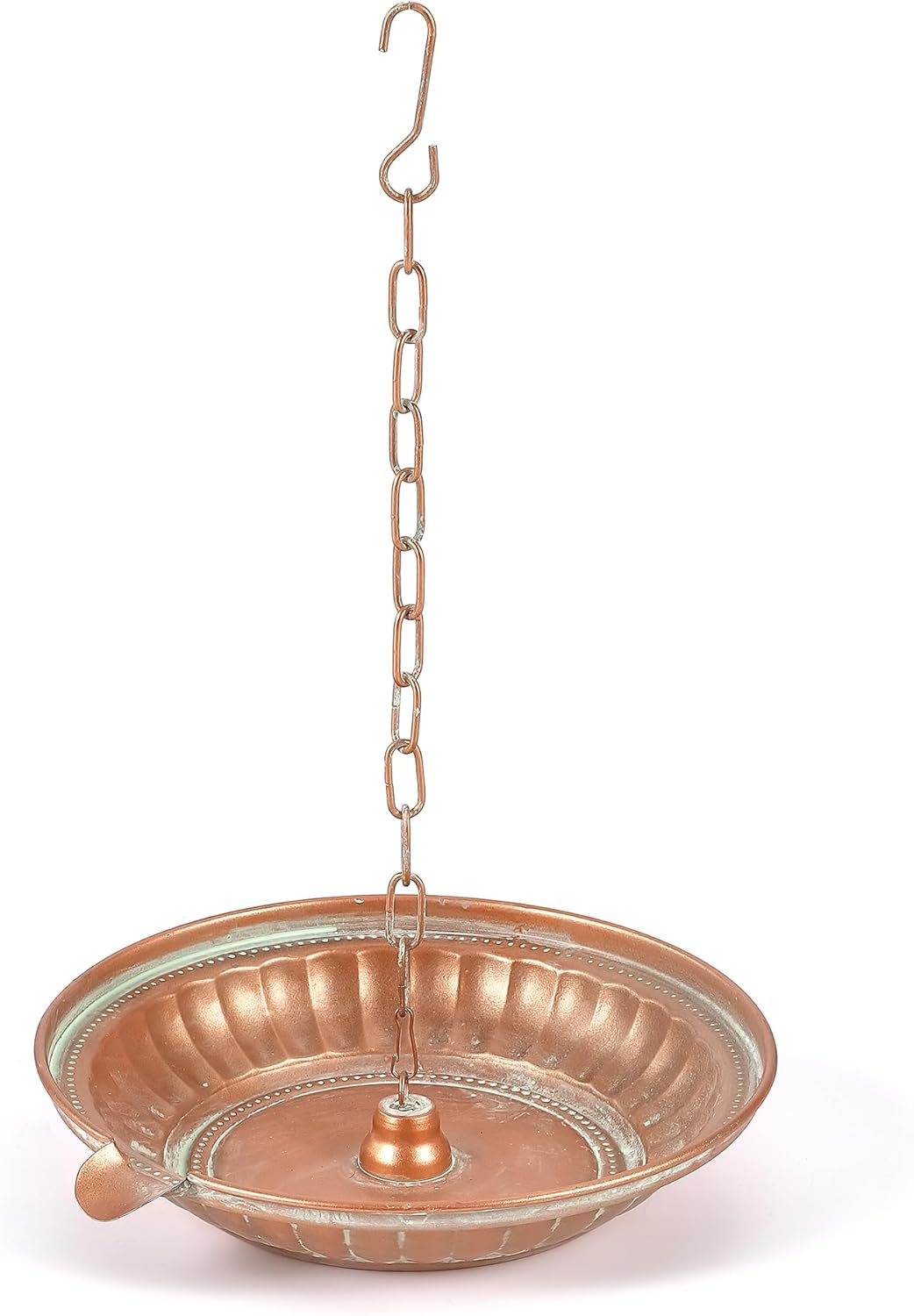 Rain Chain Anchoring Basin, 11” Dia Metal Patina Hammered Rain Chain Downspout Gutters for Outdoor Garden, Bowl for Rain Chain Spill Over with Scupper Pour Spout, Matte Coppery Decorative