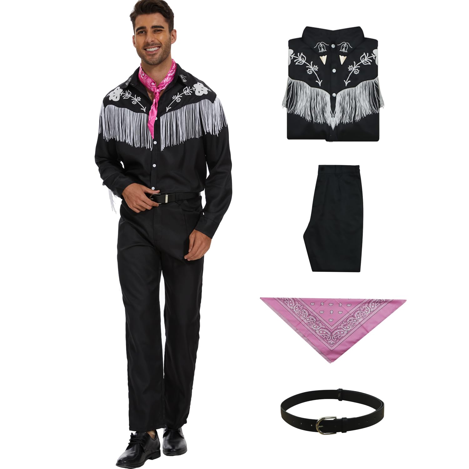 AYYOHON Mens Cowboy Cosplay Costume Movie Cosplay Black Suit Tassels Shirt Pants Tie Set Halloween Outfits Uniform L