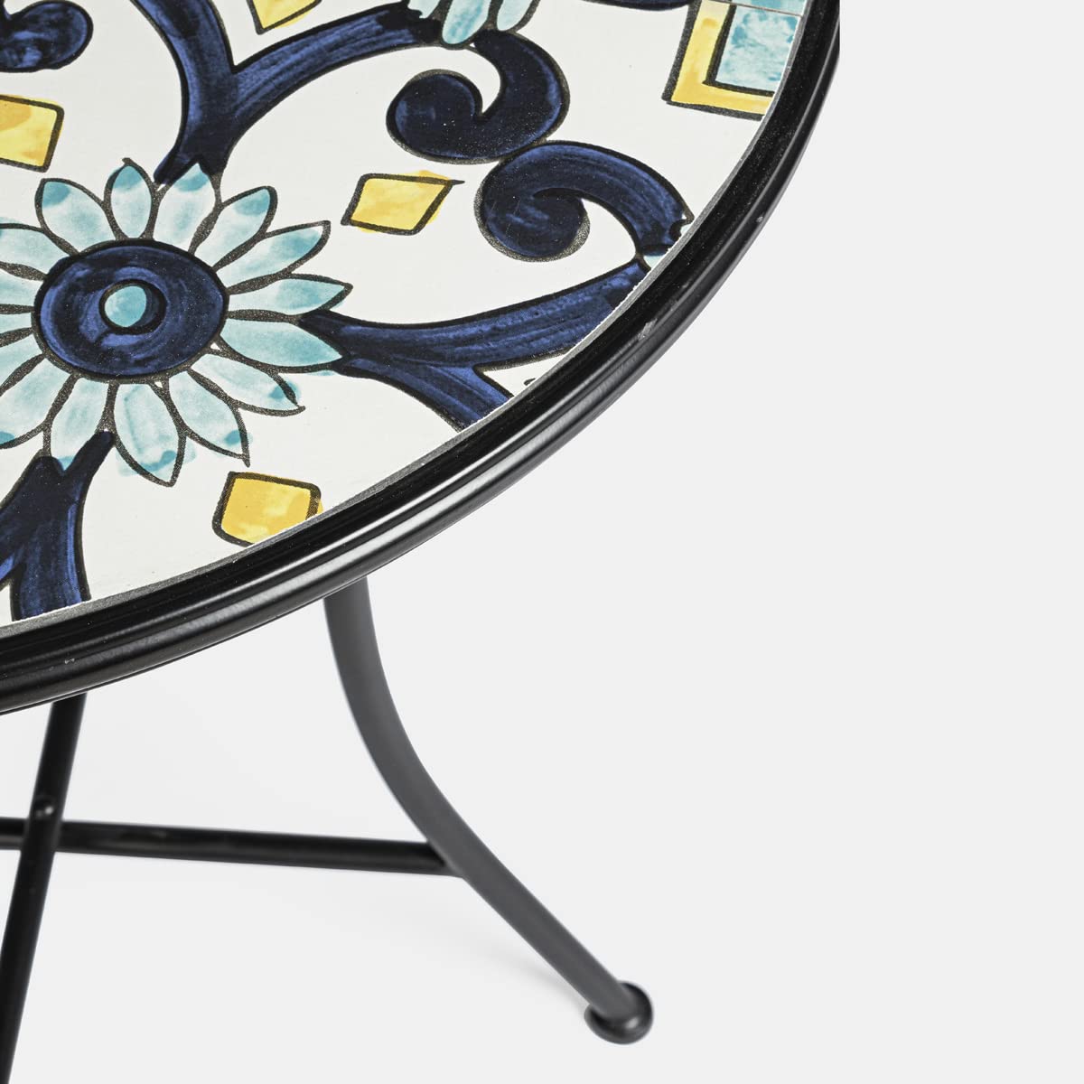 Yellowshop - Set Bistrot Positano da Giardino, Balcone, Veranda, Terrazzo 3 Pezzi, Tavolo e 2 Sedie Pieghevoli in Metallo e Piano in Ceramica Decorata Maiolica