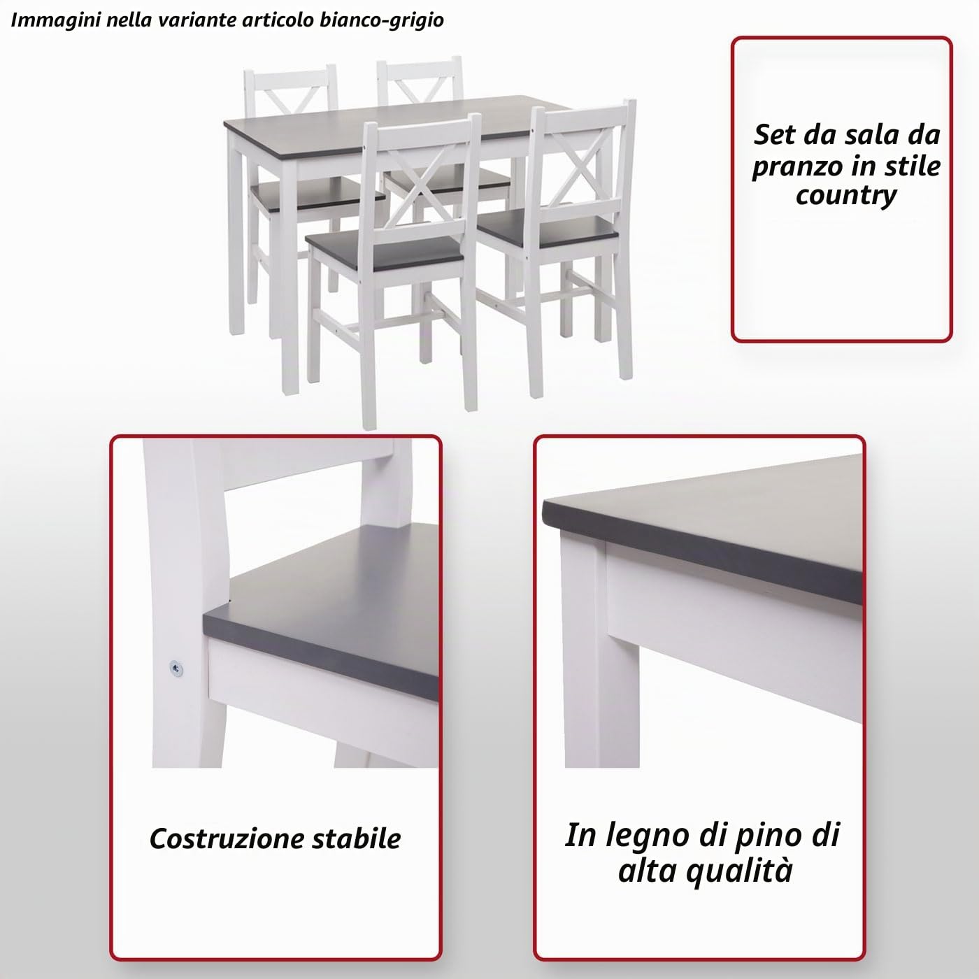 Mendler Set Tavolo con 4X sedie Country Classica Cucina Soggiorno HWC-F77 Legno massello Legno Chiaro