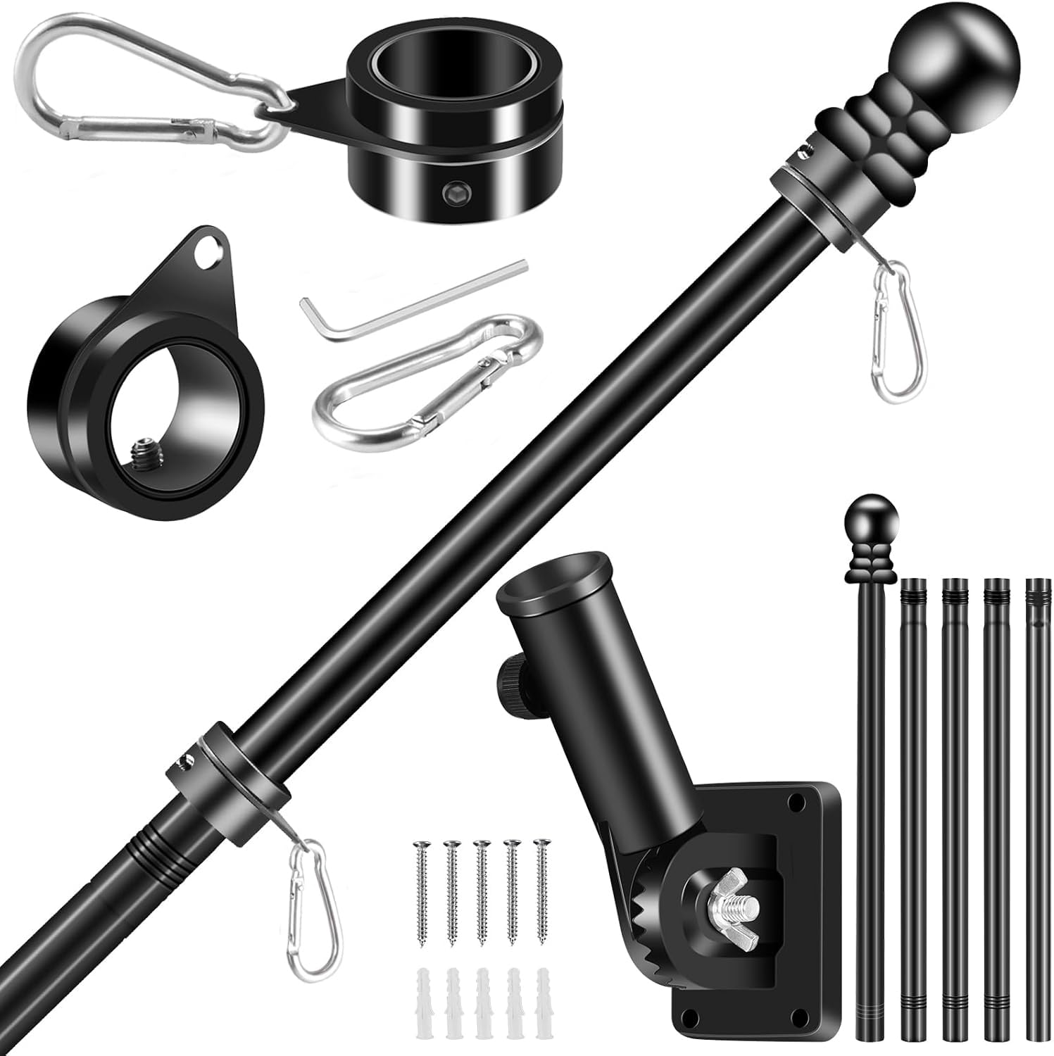 Black Flagpole Kits for Outside House, 6 FT Thickened Stainless Steel Porch Wall Flag Pole for 3x5'/4x6' Flag, 1" Anti-Wrap Spinning Flagpole Ring, 180° Adjustable Multi-Position Bracket Holder