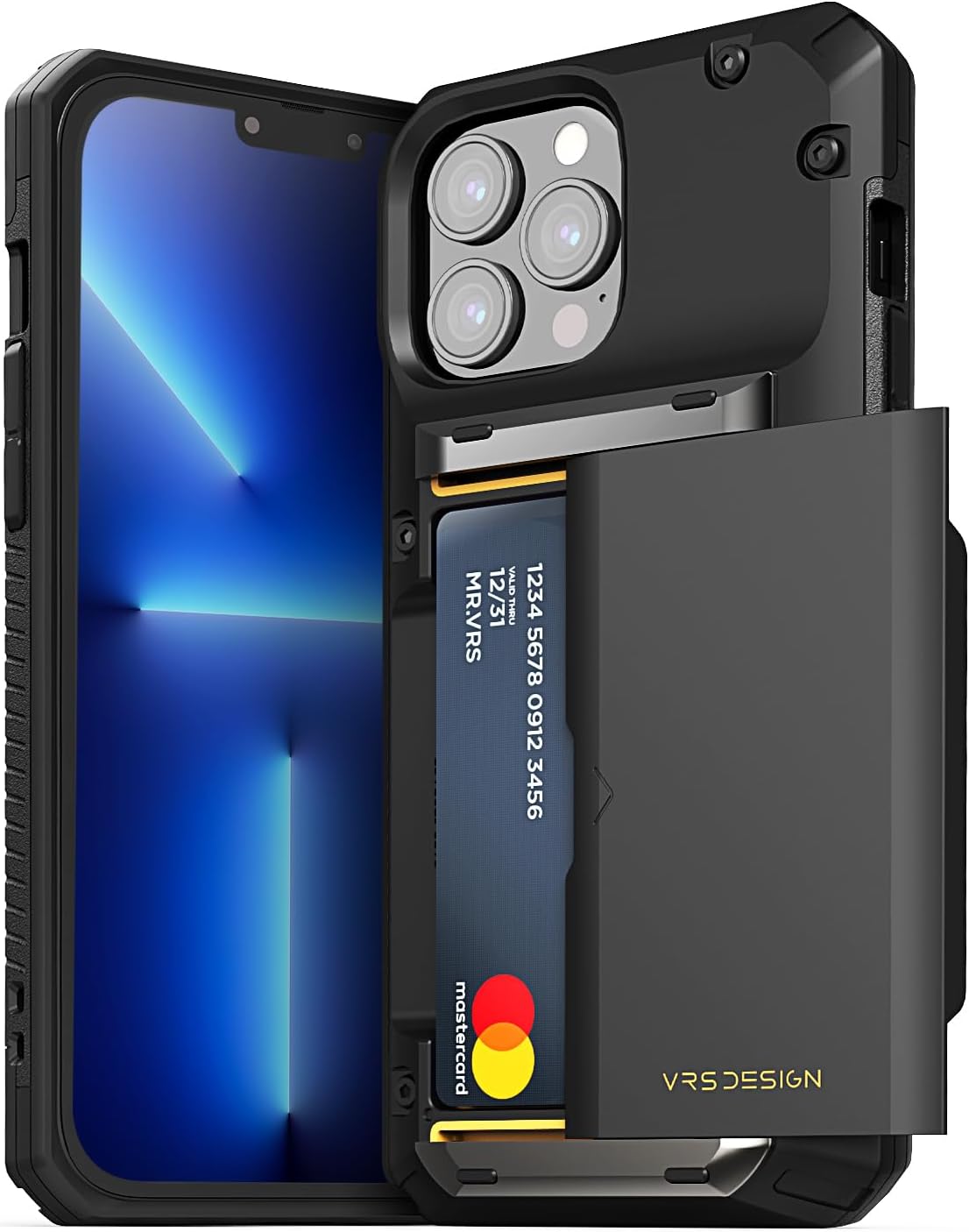 VRS DESIGNDamda Glide PRO designed for iPhone 13 Pro MAX case cover wallet [Semi Automatic] slider Credit card holder Slot [3-4 cards] - Black