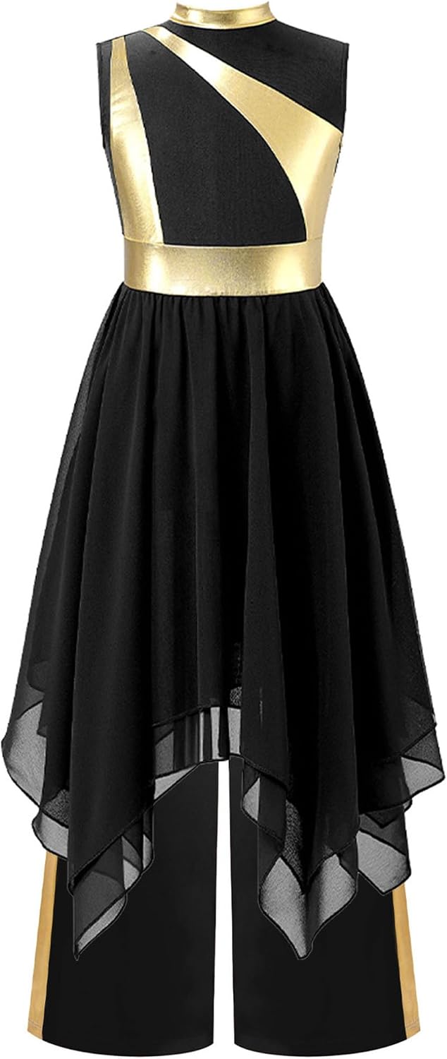 Hularka Girls Praise Dance Dress Kids Metallic Overlay Liturgical Tunic and Pants Set Church Robe Lyrical Worship Outfit Black 14 Years