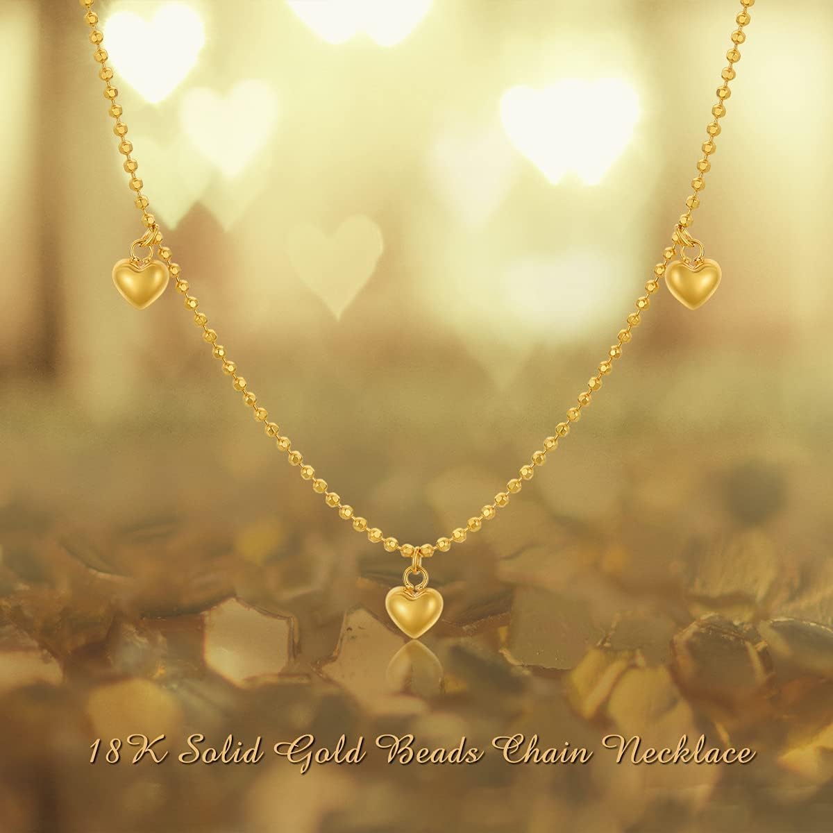 18K Yellow Gold Heart Necklace for Women, Real Gold Italian Beads Chain Puffed Heart Pendant Necklace Love Jewelry 18" - Image 5
