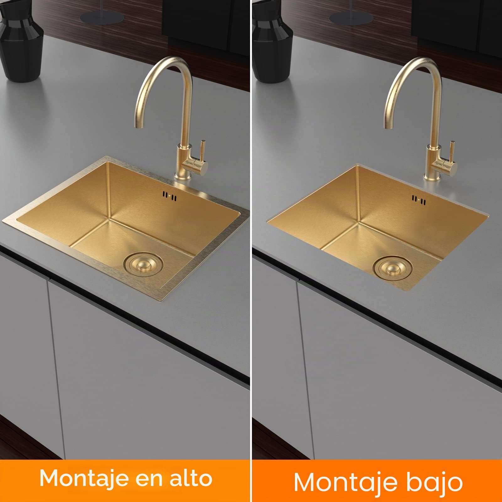 Ibergrif Fregadero Cocina 50 x 43 cm Bajo Encimera Acero Inoxidable Oro Cepillado