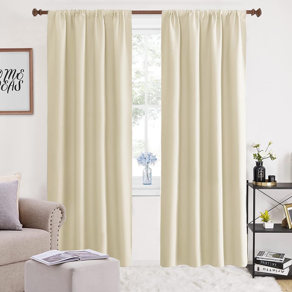 NANWEI Cortinas Blackout para Recamara con Aislamiento Térmico, Cortinas para Sala 100% Poliéster Tela, Reducción de Ruido, Suave Cortinas con Bolsillo para Barra, 2 Paneles, 132 x 213.3 cm,Beige
