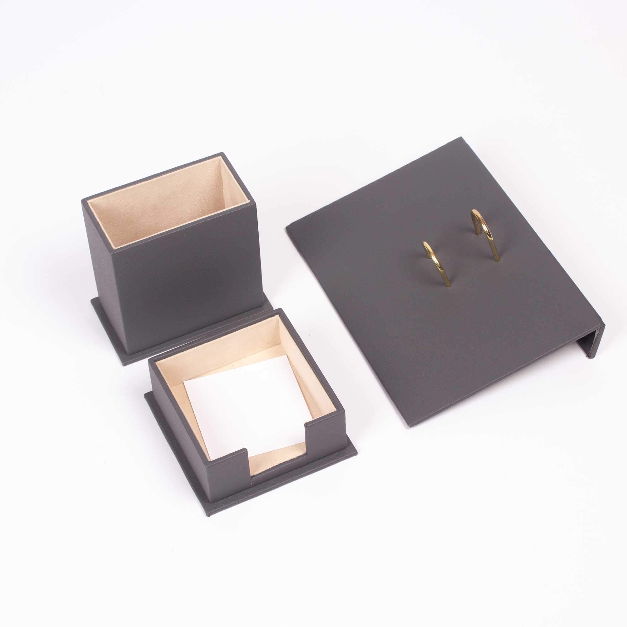 Set da scrivania in pelle grigia, sottomano da scrivania, porta foglietti per appunti, portapenne, sottobicchiere in pelle, accessori da scrivania, organizer da scrivania, accessori da