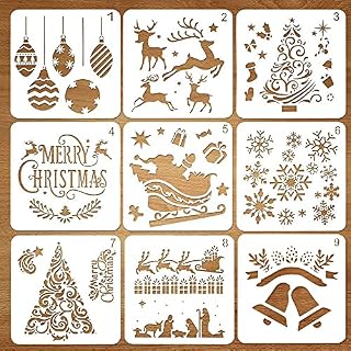 huishi 9 Pcs Christmas Stencils TemplatesReusable Painting DIY TemplatesXmas Christmas Stencils for Spraying, Spraying Door Window, Journal Scrapbook Cards Making, DIY Xmas Decoration (5 x 5inch)