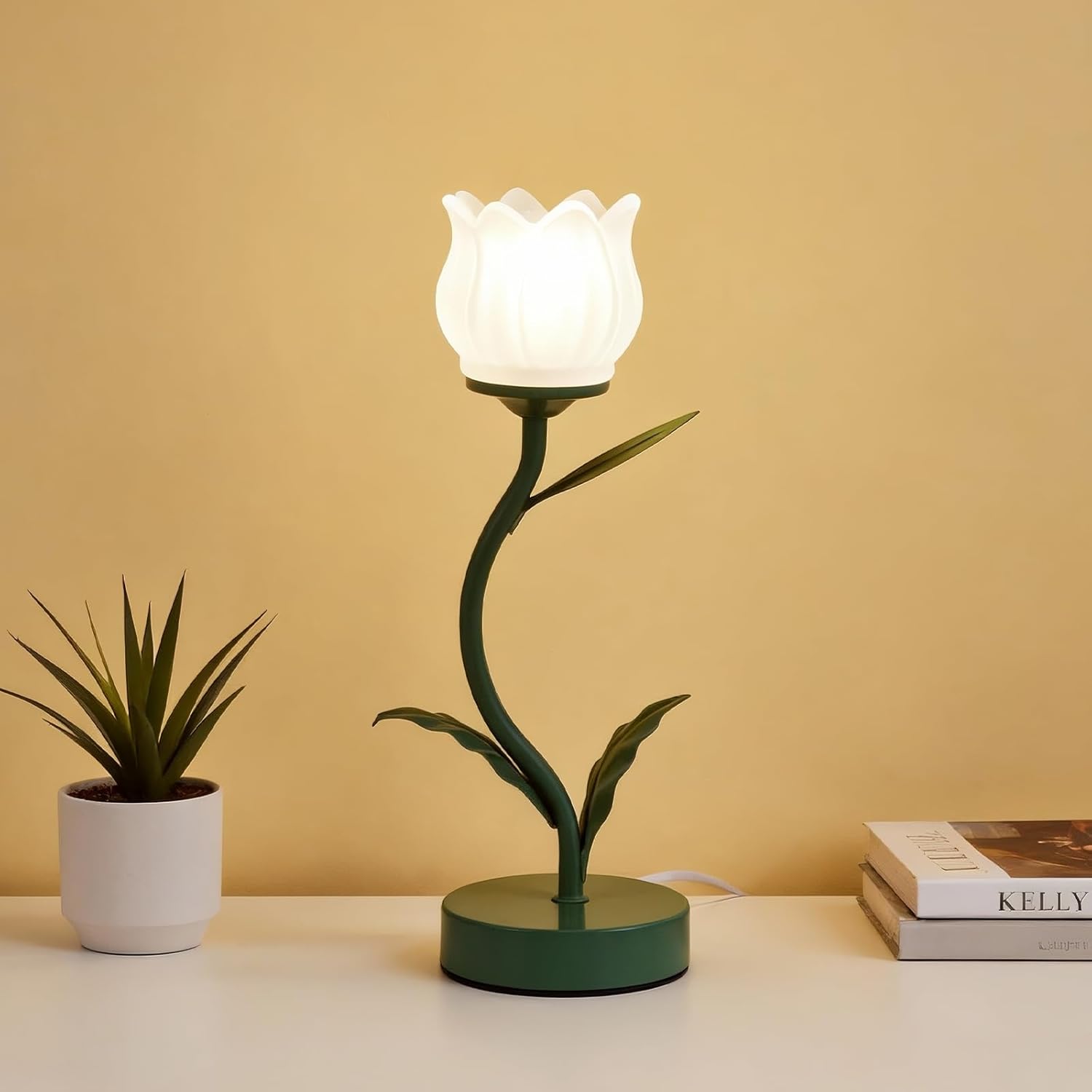 Flower-shaped table lamp, LED eye-protecting reading bedside retro night light, 3 color modes of cute bedside lamp decoration, living room and bedroom lighting table lamp home decoration (dark green)