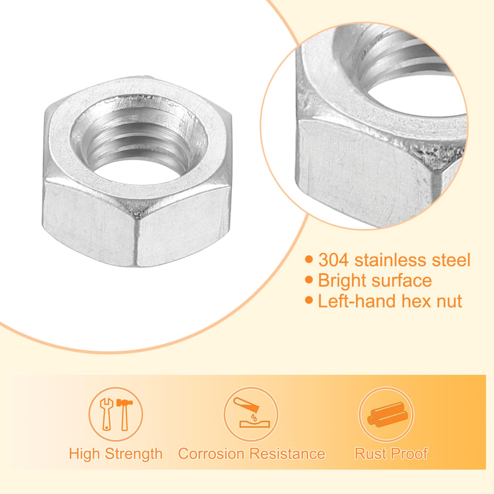 QUARKZMAN Mano Sinistra Esagonale Dado M8x1,25mm 304 Acciaio Inox Mano Sinistra Inverso Esagonale Dado per Assemblaggio e Fissaggio Argento 10pz