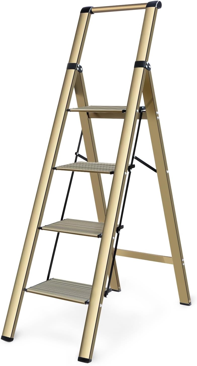 4 Step Ladder, Lightweight Portable Folding Step Stool with Anti-Slip Sturdy and Wide Pedal, 330lb Capacity, Perfect Multi-Use Aluminum Stepladder for Home Kitchen Office, Gold