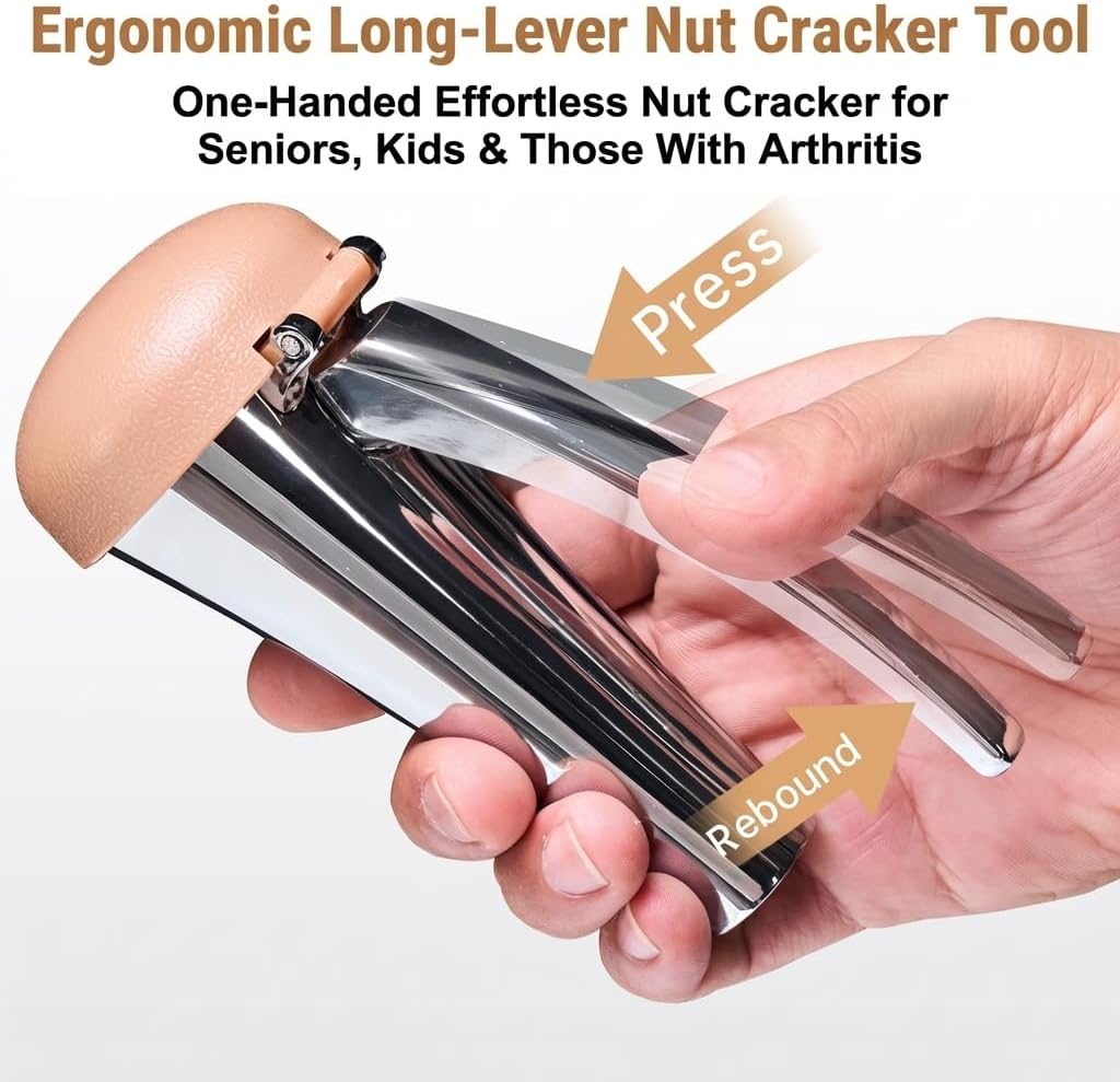 Nutcracker: Effortlessly Cracks Large to Medium Nuts, Heavy Duty Nut Cracker tool with Splash-Proof Brown Lid, Long Ergonomic Leverage & Spring Return walnut pecan cracker