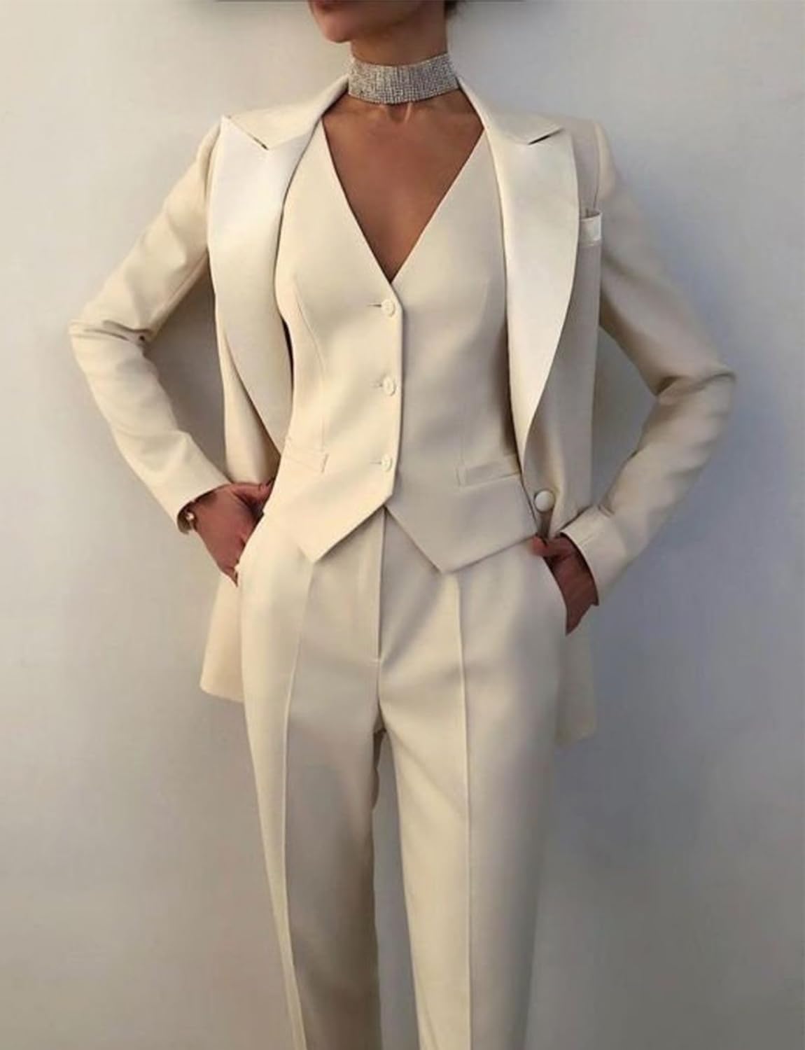 Women's One Button Daily Leisure Suit Three Pieces Peak Lapel Tuxedos