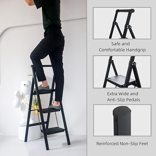 Miniatura 2 de MULDWEIR - Taburete plegable de 3 escalones con asa, capacidad de carga de 330 libras, pedal antideslizante ancho, ligero, multiusos para el hogar y