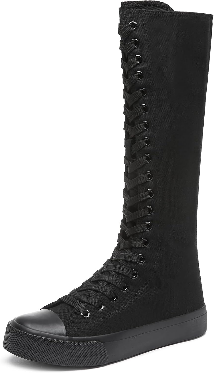ZGR Women’s Canvas High Top Shoes Knee High Boots Fashion Girl Fancy Scool Shoes White And Black Lace Up Zipper Sneakers For Women(Black;US07.5)