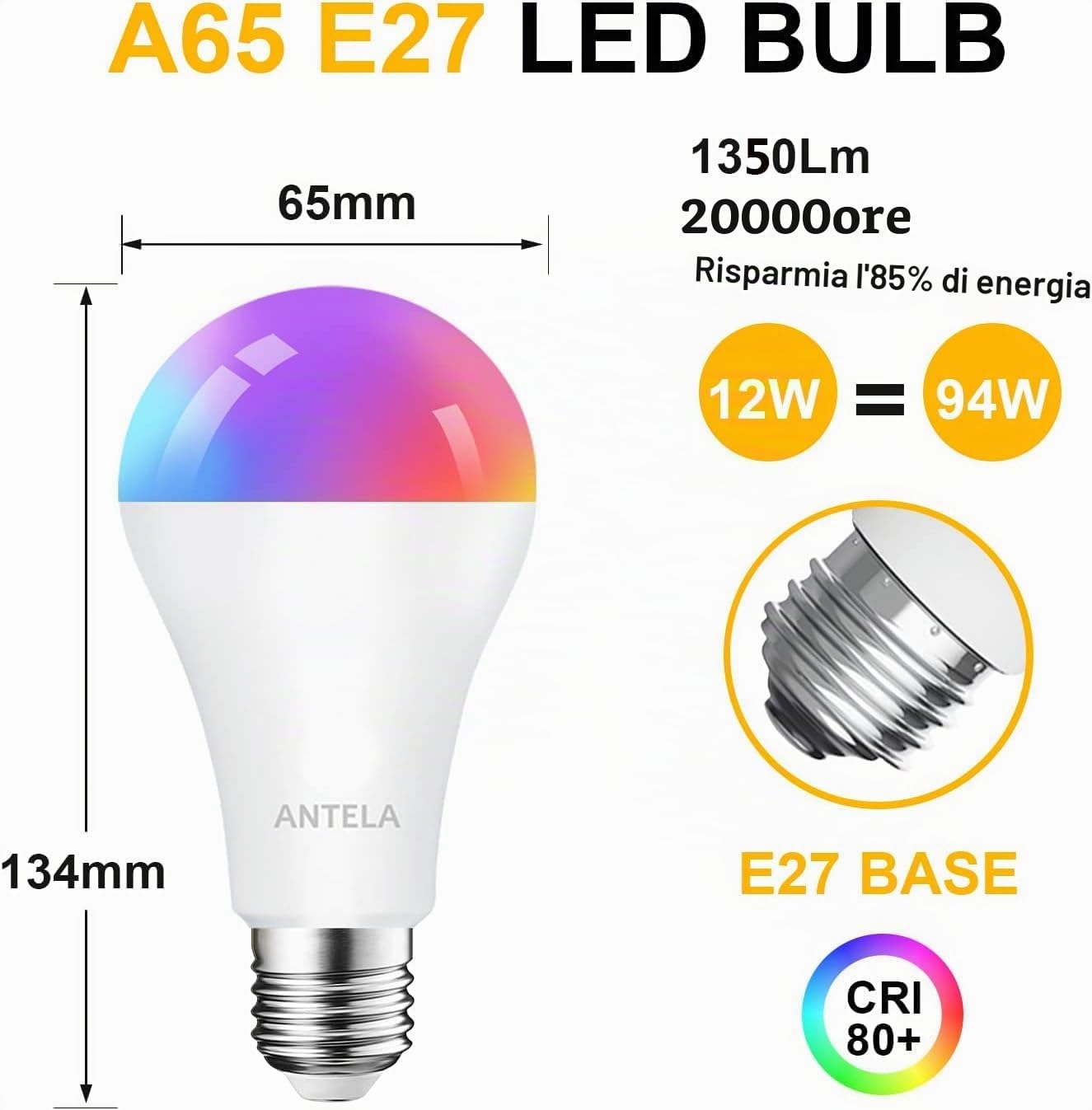 ANTELA Lampadine LED Alexa Inteligente WiFi E27 12W 1350LM Lampadina Smart | Dimmerabile, 94W Equivalente, RGB&2700K-6500K Bianco freddo caldo, Compatibile con Alexa/Google Home, 4 pezzi