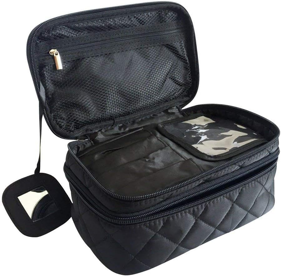 Quilted Makeup Travel Case, Double Layer Cosmetic Organizer Bag with Mirror, Travel/Train Kit Organizer, Professional Makeup Pouch Purse Travel Home (Black)-image-44