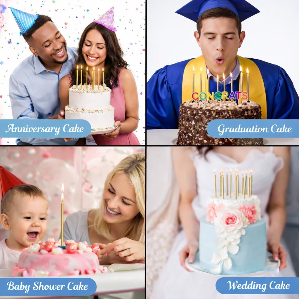 Long Thin Gold Birthday Candles for Cakes, Pack of 12 Pieces Long Gold Party Candles with Candle Holders, Tall Candles for Wedding, Birthday, Party Decorations, Anniversary and Meetups