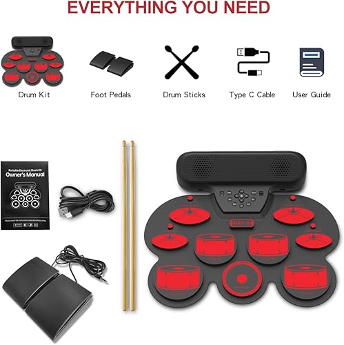 Miniatura 7 de Juego de batería electrónica, juego de batería potable, control de volumen, batería eléctrica MIDI con 2 altavoces estéreo incorporados, pedales de