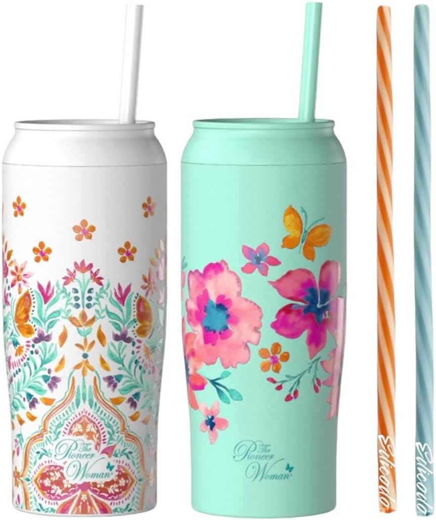 Pioneer Woman Fresh Floral and Folk Geo Stainless Steel Cooler Tumbler 17oz | White,Teal Bundle | Piece of 6, Medium