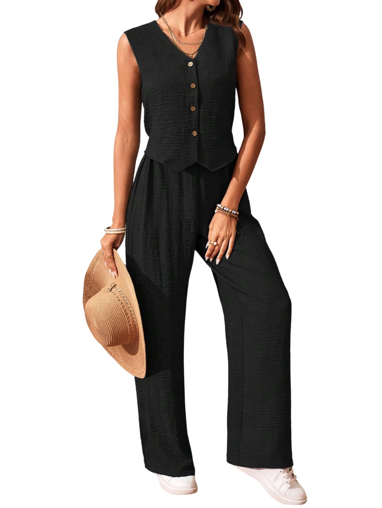 SweatyRocks Damen Zweiteiler Hosen Set Sommer Freizeitanzug mit Weste Bluse und Weite Hose Büro Casualanzug Urlaub Outfits