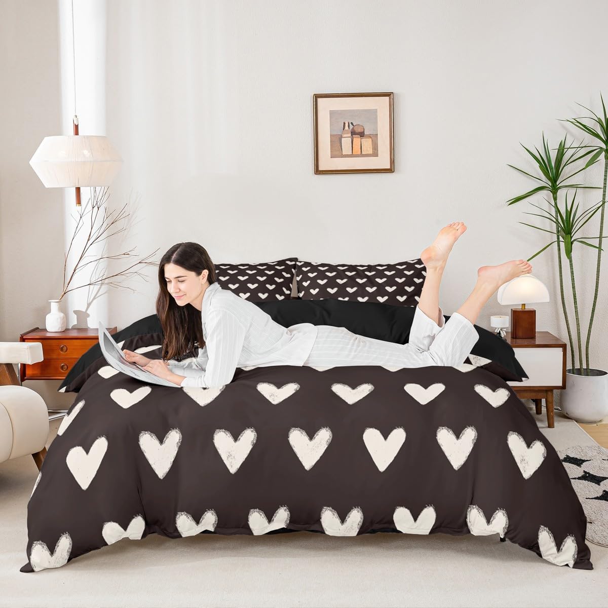 Black White Duvet Cover Full Size Cute Heart Pattern Bed Sets For Kids Boys Girls Valentine Day Gift Bedding Set Cartoon Love Geometric Bedspread Cover Love Heart Soft Warm Quilt Cover 3 Pieces