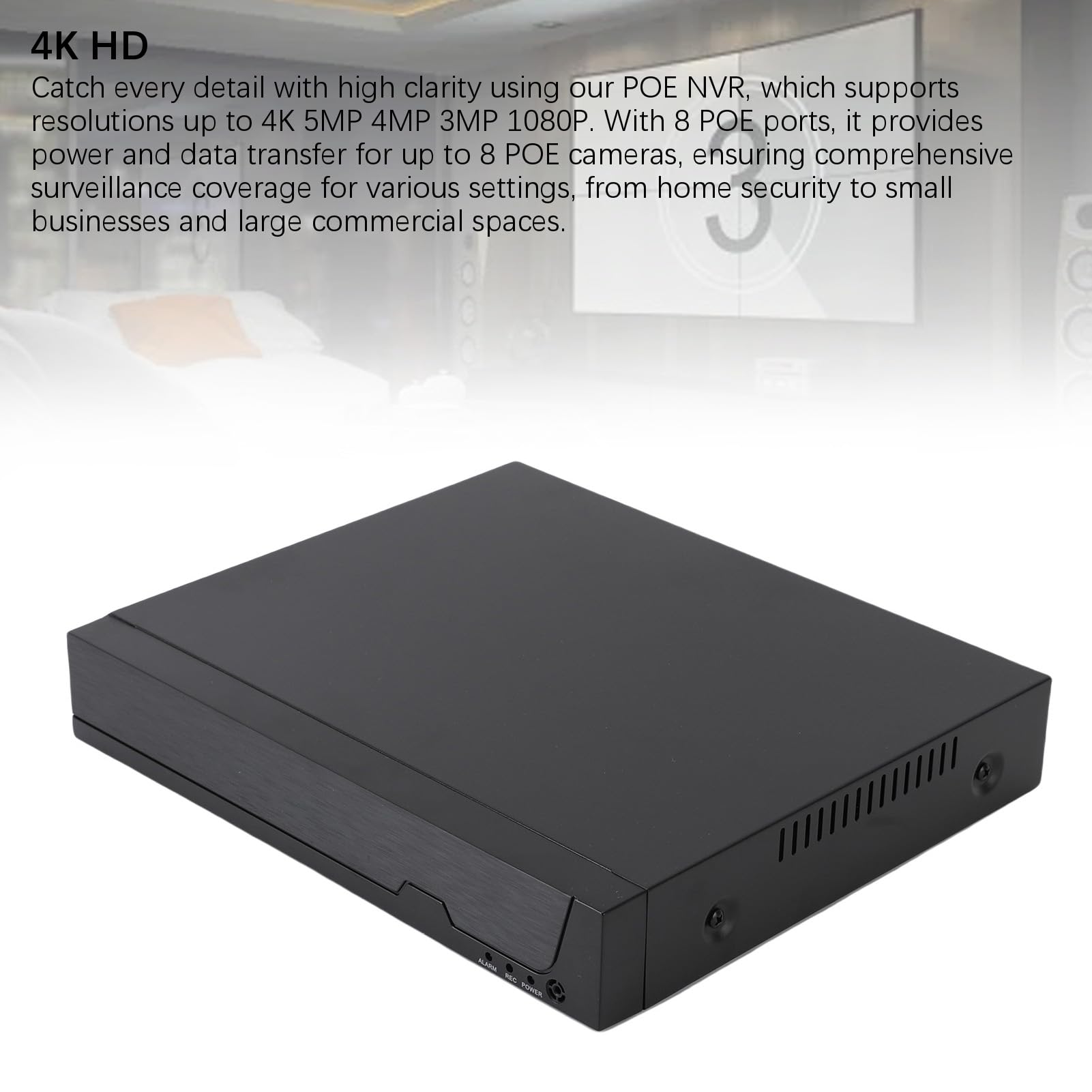 Grabador de Vídeo en Red 4K PoE NVR H.265+ CCTV de 8 Puertos, Reproducción 4K/5MP, Alertas de Detección de Movimiento, Acceso Remoto, Salida HDMI VGA (Enchufe de la UE)
