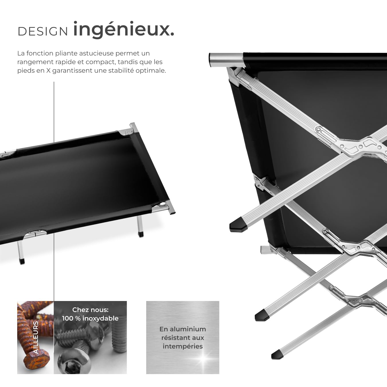 tectake® Lit de Camp Pliable avec Housse de Transport - Lit appoint Matelas 1 Place Enfant Adulte Voyage Bivouac Plage Tente Exterieur Jardin Peche - 190 x 70 cm - Charge Max 150 kg - Noir - Lot de 2