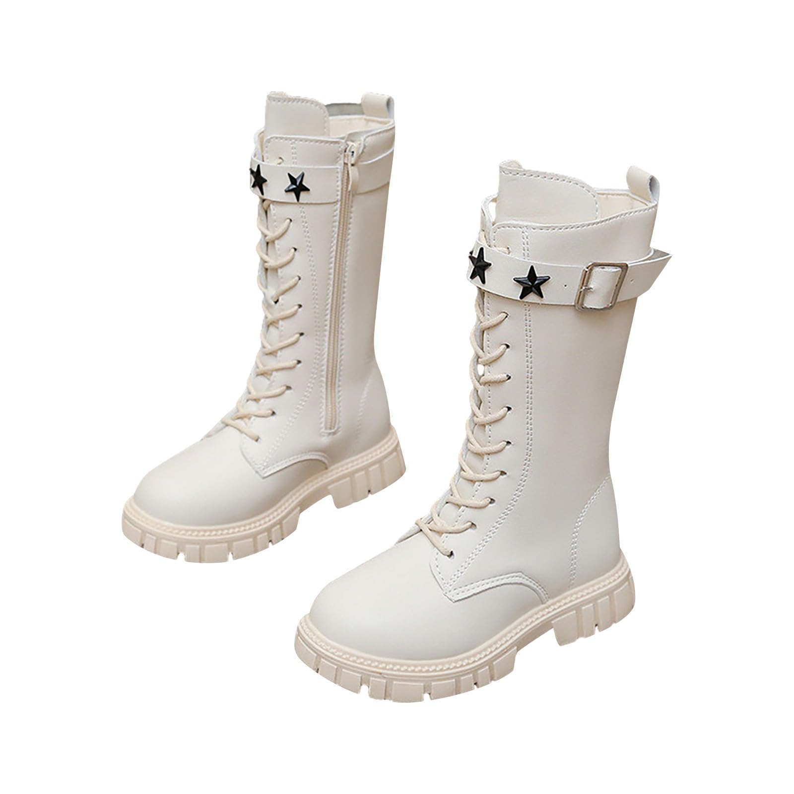 GenericGirls Lace Up Riding Boots Mid Calf Combat Boots Fashion Waterproof PU Leather Side Zipper Punk Goth Boot 4-12.5 Years